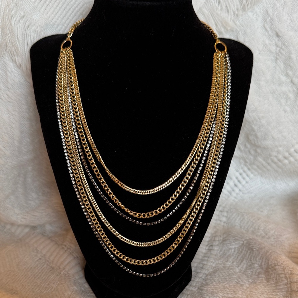 Lucky Brand Gold Silver Rhinestone Multi-Layer Necklace NWT Missing one stone